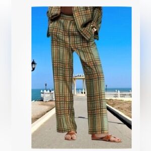 Zara COLLECTION CROP FLARE PLAID PANTS Green with Brown Stripes